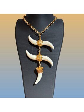 Two Tone Lucite Elephant Tusk Pendant Gold Tone Chain Necklace Vintage